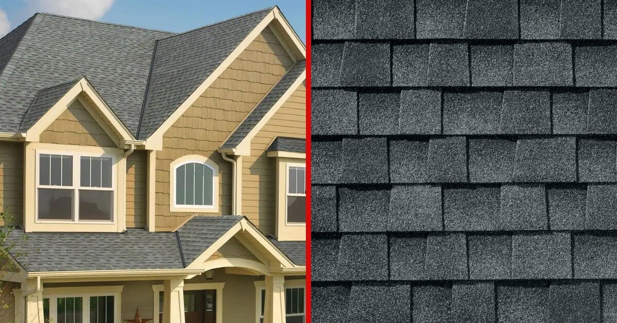 A side by side comparison of shingles on a roof and then up close