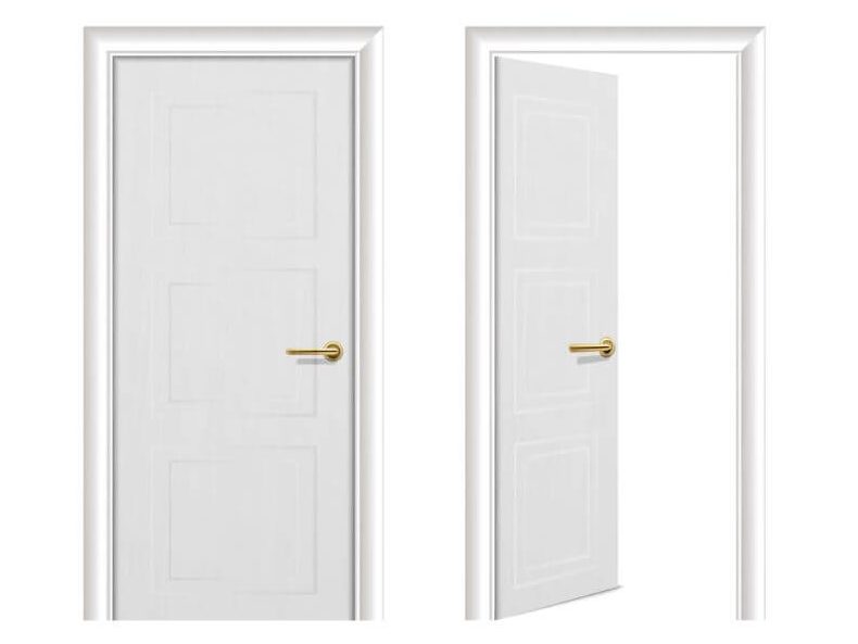 An illustration of a white door that is closed, and a white door that is open.